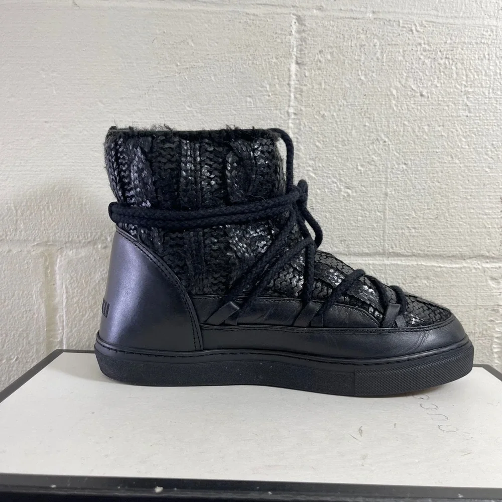INUIKII Black Leather Ankle Patchwork Boots Lace up Women's Size‎ 9.5 US/40 EU